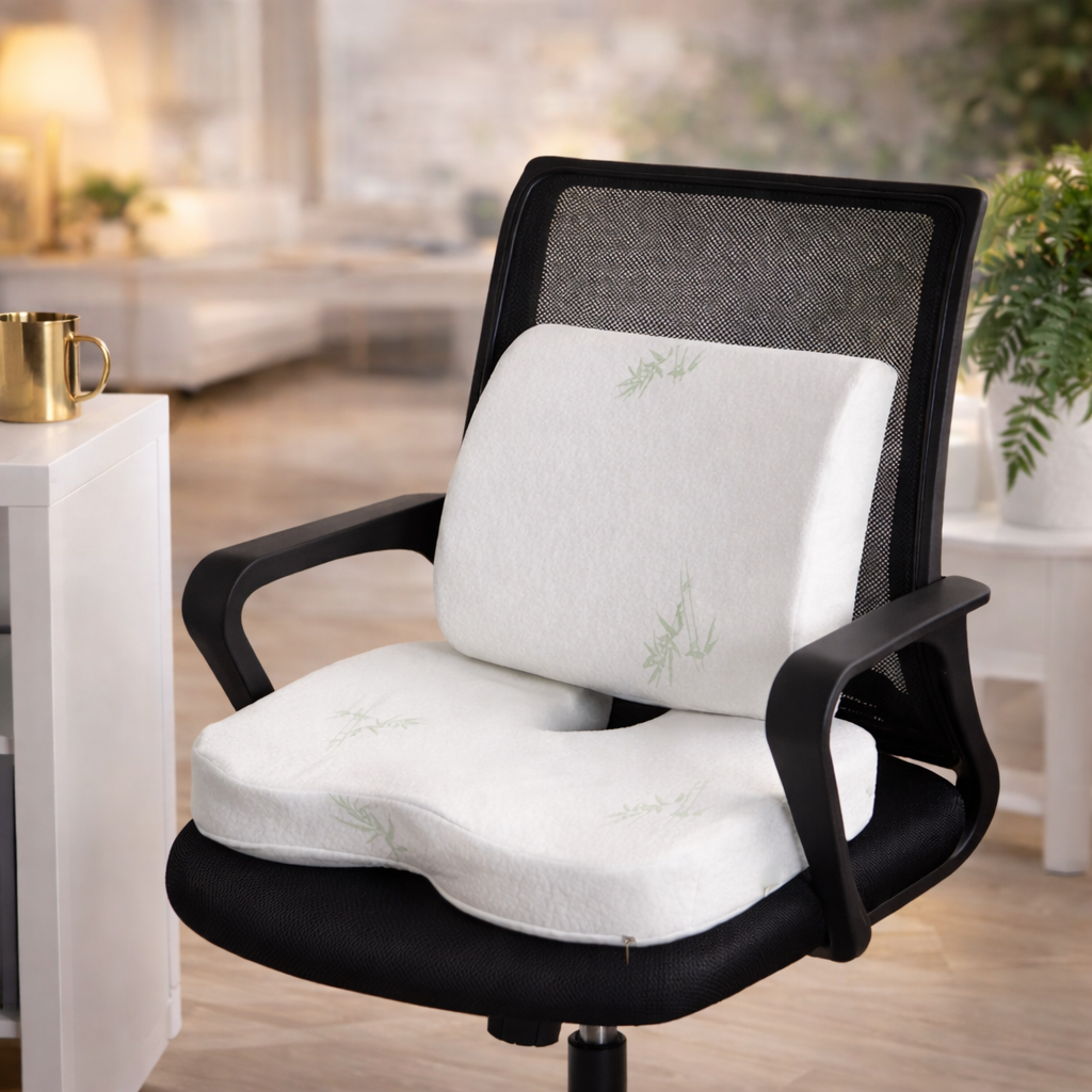 Back & Seat Cushion - Lower Back Cushion Support for Office Chair, Home, Car & Memory Foam Pillow Washable Cover