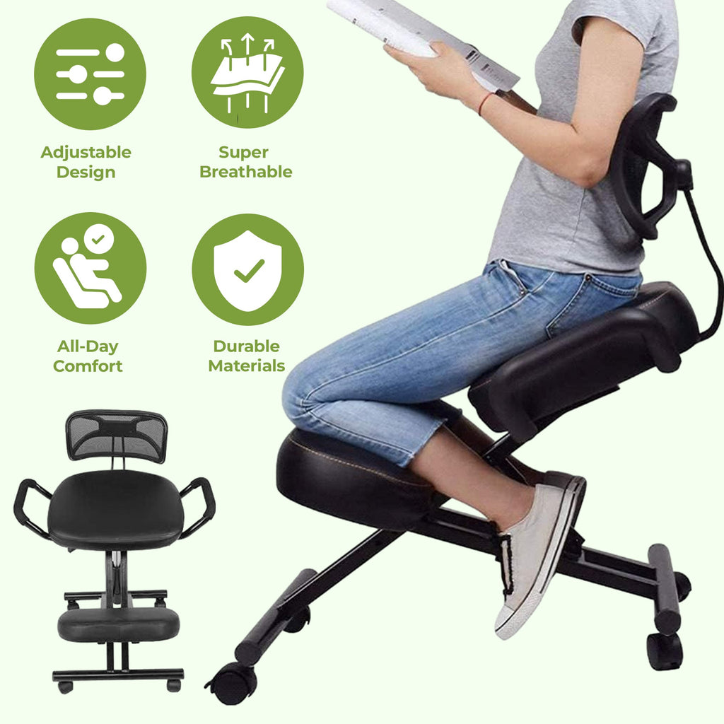 Kneeling Office Chair with Back Support - Stool with Smooth Casters